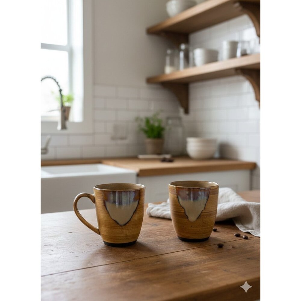 Sango Splash Brown Drip Glaze Stoneware Coffee Mugs Set Of 2 Tea Cups Rustic